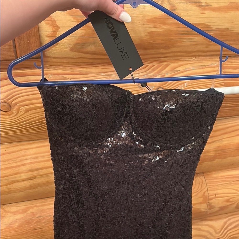 Julianne Feather Sequin Black Strapless Maxi Dress